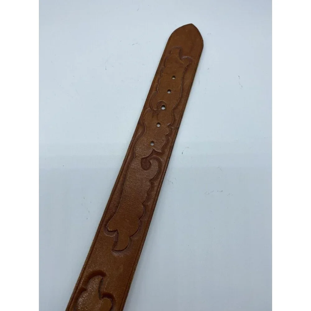 Brown Women's Embossed Belt Genuine Leather Size 26 Brass Buckle - Picture 4 of 16